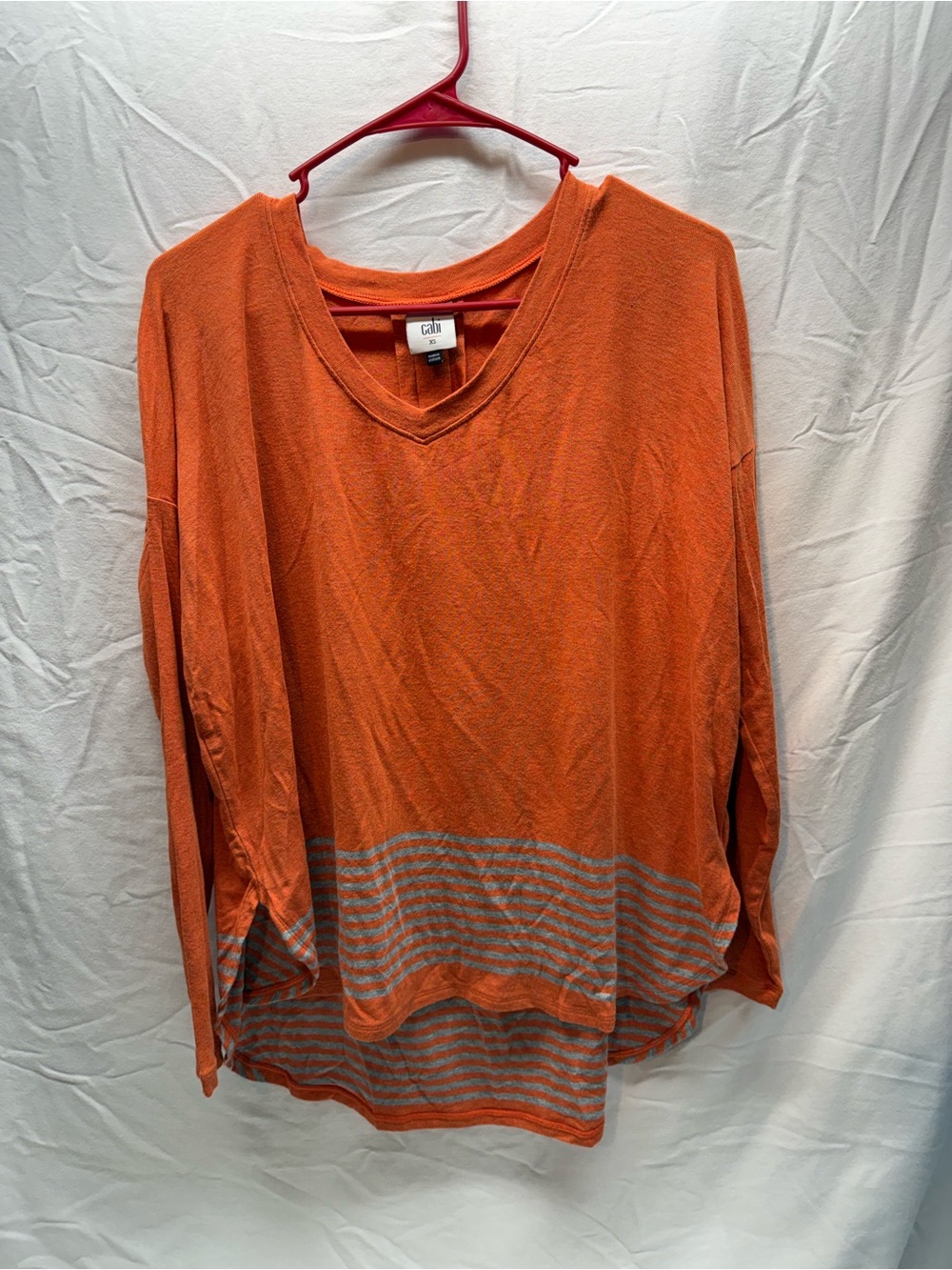 CAbi Hangout Tee #4190 Bossa Nova Orange Gray Striped V Neck Top XS